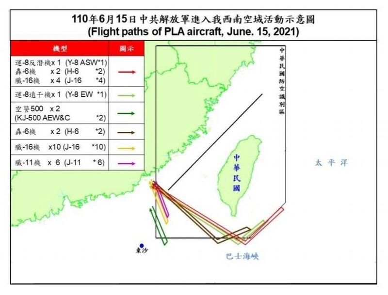 6月15日中国解放军机28架次扰台公开资料史上最大规模。(台湾国防部提供)