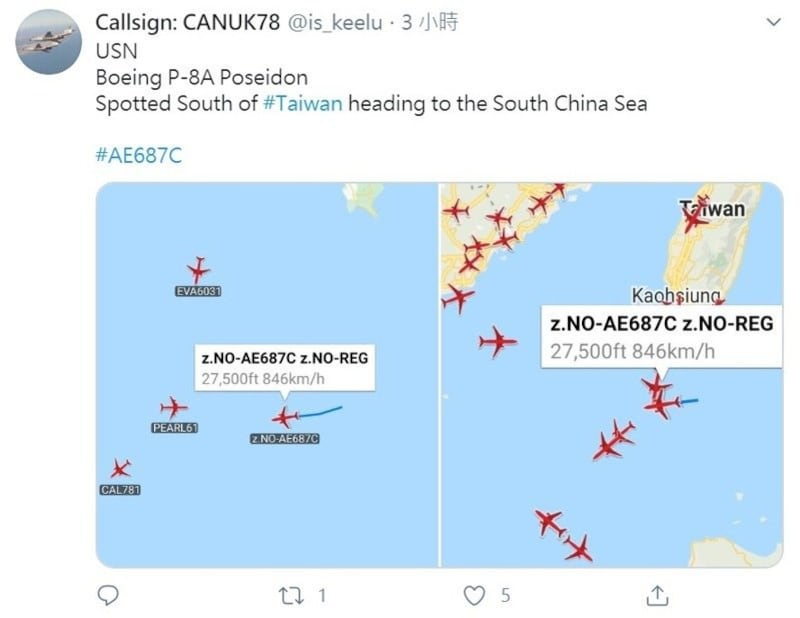 擅长追踪军机航迹讯号的Callsign:CANUK78的推特账号,特别在美机侦巡相关推文中标注台湾。(取自Callsign:CANUK78推特)